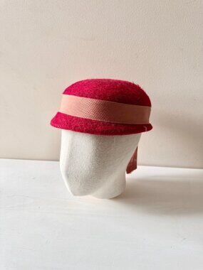 Vintage Red Wool Felt Pink Grosgrain Ribbon Feather Capulet Hat